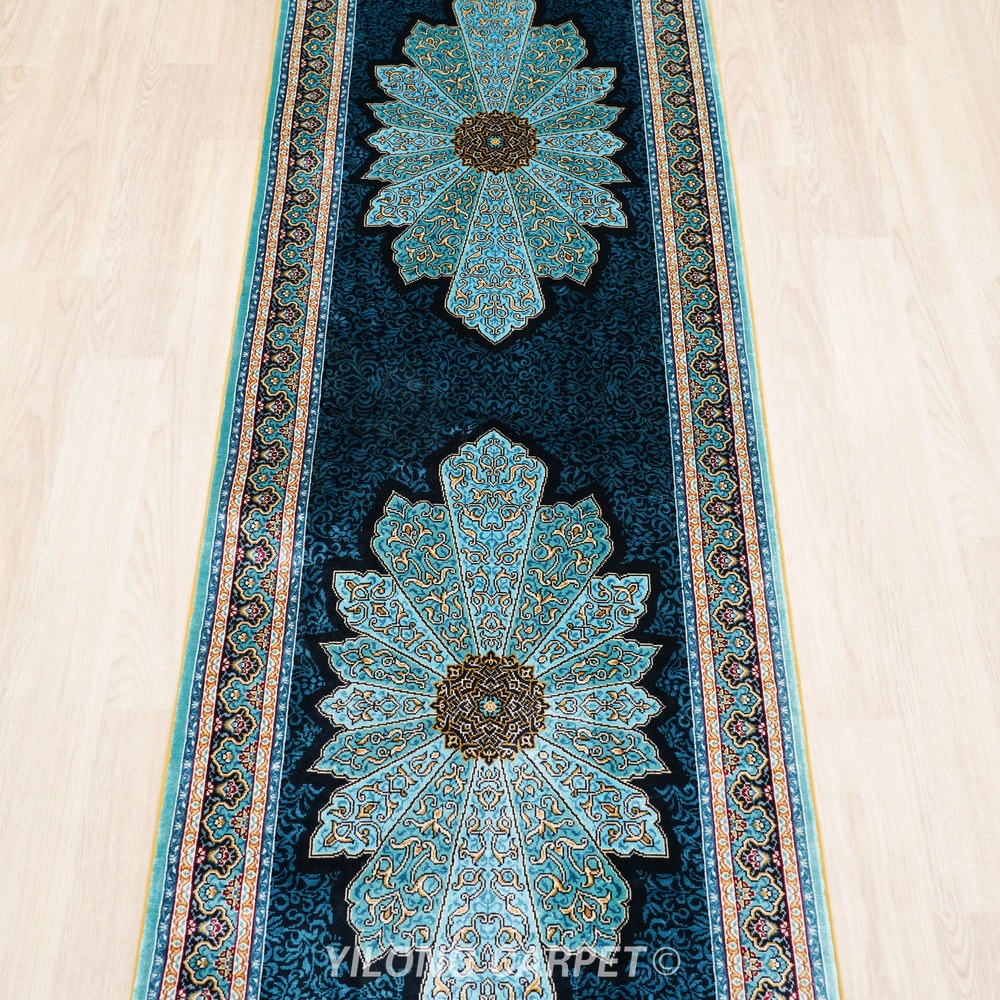 Dark teal, blue and cream Hand-Knotted Real Silk Rug 2 × 6 ft | CZN117A | Turkish Style | YILONG - Image 5