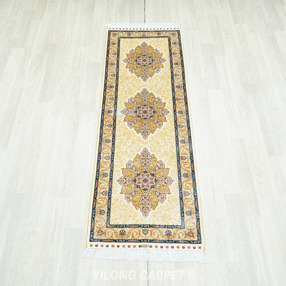 Cream, beige and gold Hand-Knotted Real Silk Rug 2 × 6 ft | CZN119A | Turkish Style | YILONG - Image 3