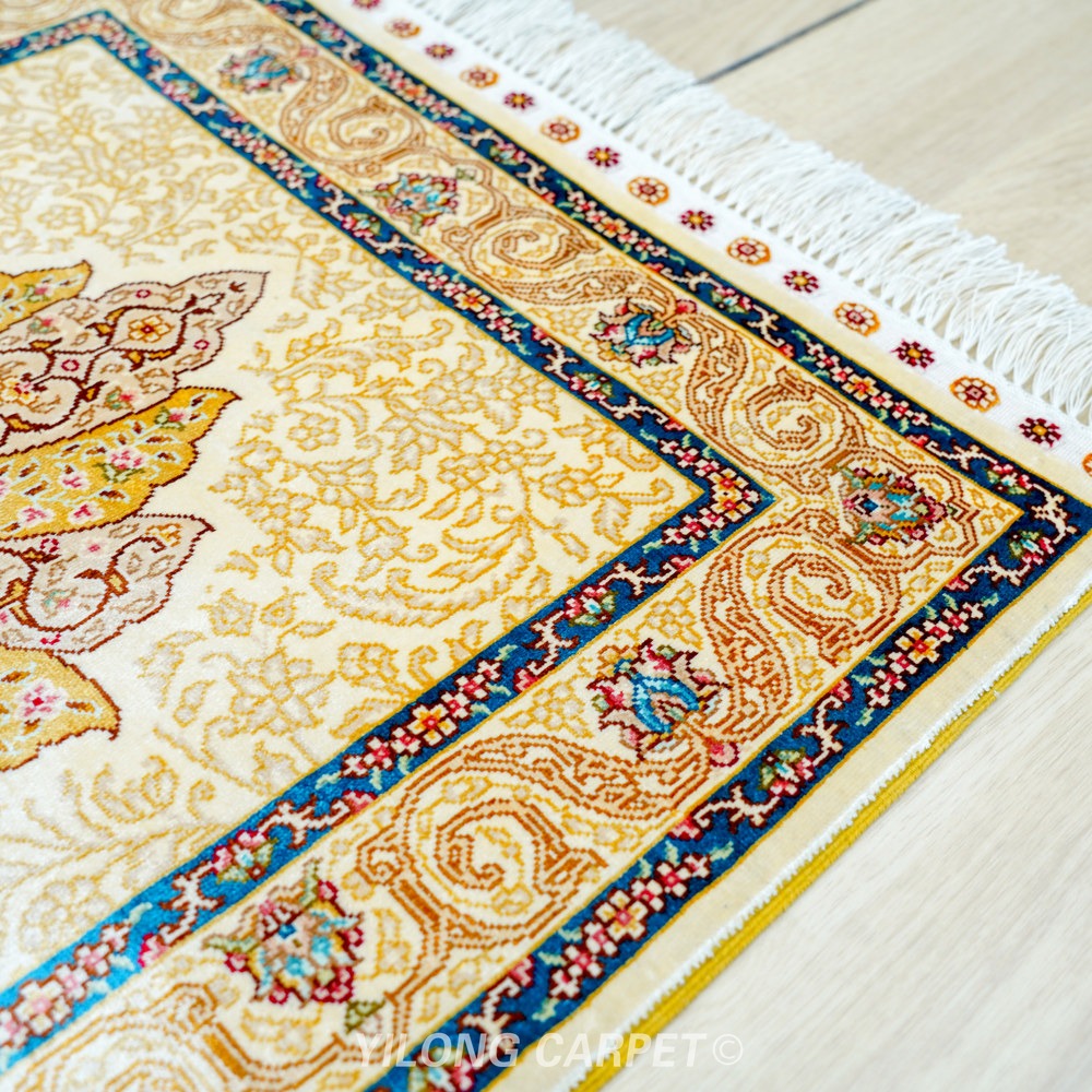 Cream, beige and gold Hand-Knotted Real Silk Rug 2 × 6 ft | CZN119A | Turkish Style | YILONG - Image 6