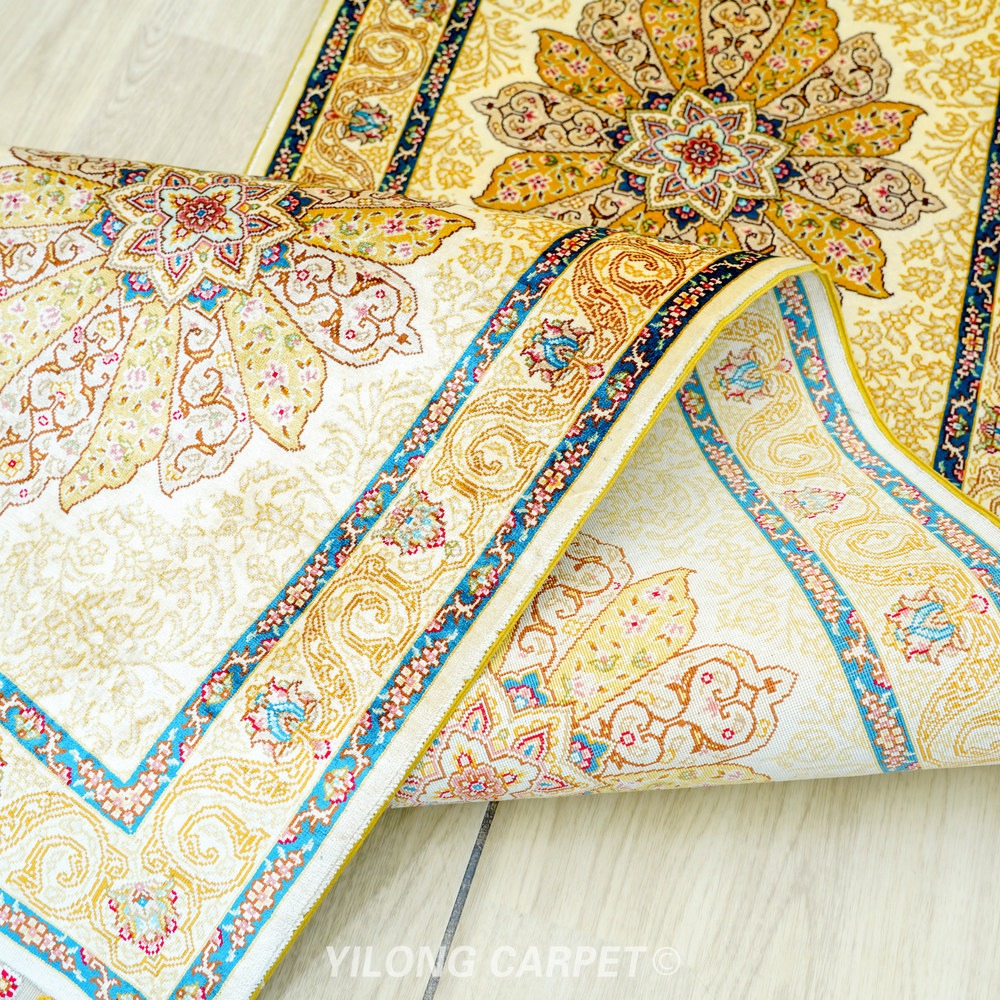 Cream, beige and gold Hand-Knotted Real Silk Rug 2 × 6 ft | CZN119A | Turkish Style | YILONG - Image 9