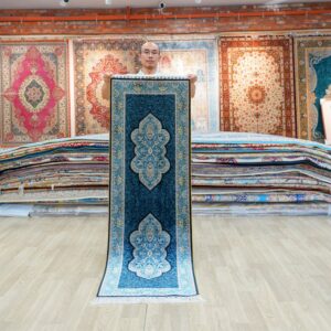 Teal, blue and gold Hand-Knotted Real Silk Rug 2 × 6 ft | CZN120A | Turkish Style | YILONG