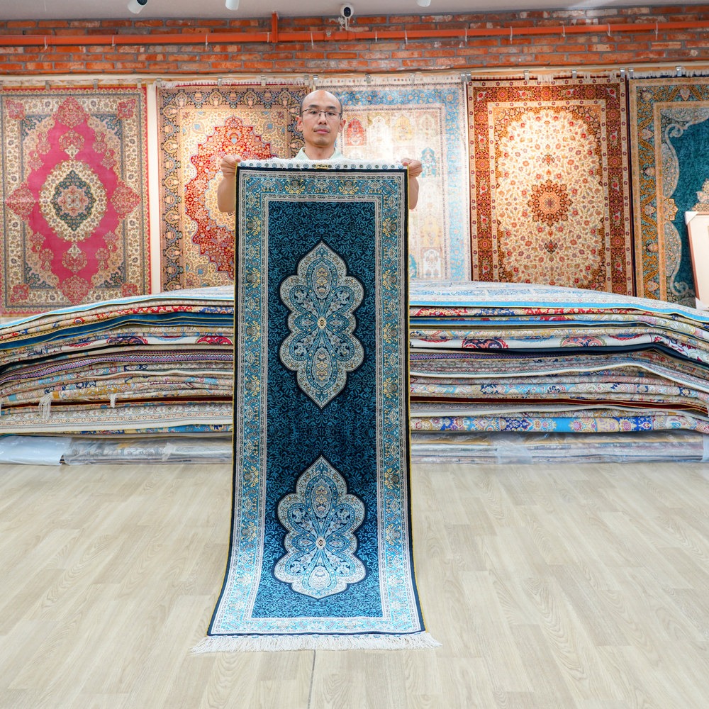 Teal, blue and gold Hand-Knotted Real Silk Rug 2 × 6 ft | CZN120A | Turkish Style | YILONG