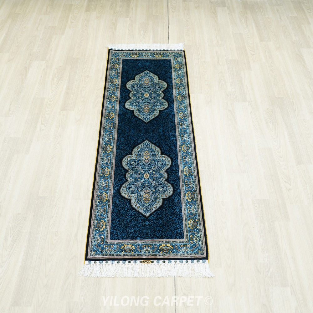 Teal, blue and gold Hand-Knotted Real Silk Rug 2 × 6 ft | CZN120A | Turkish Style | YILONG - Image 3