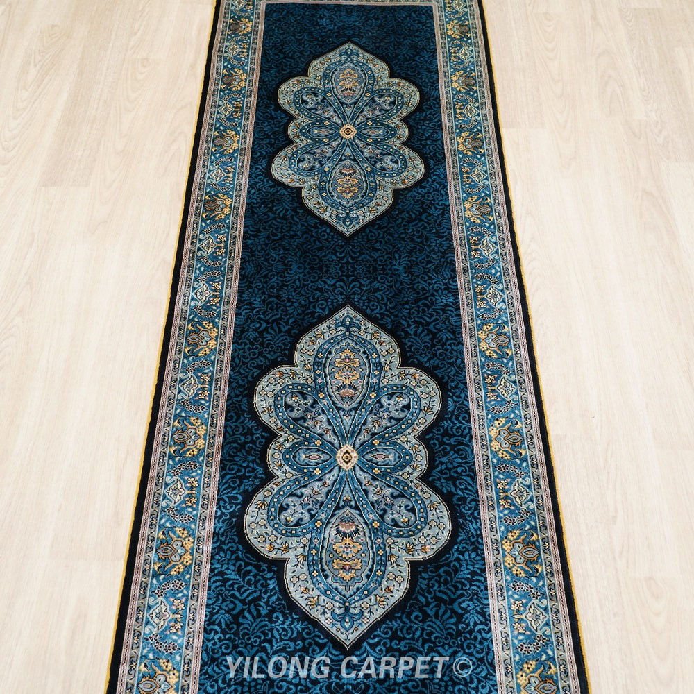 Teal, blue and gold Hand-Knotted Real Silk Rug 2 × 6 ft | CZN120A | Turkish Style | YILONG - Image 5