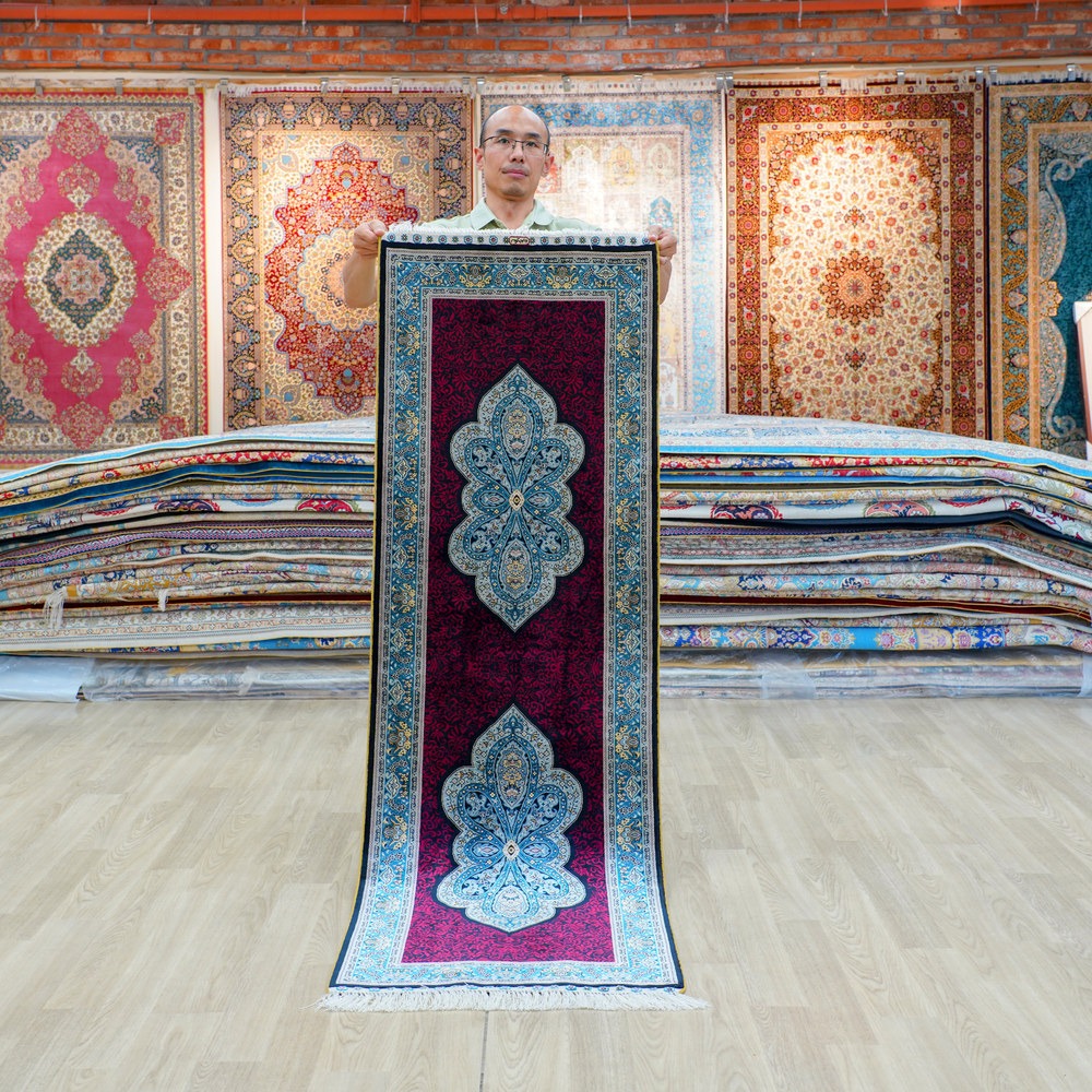 Burgundy, wine and navy blue Hand-Knotted Real Silk Rug 2 × 6 ft | CZN121A | Turkish Style | YILONG