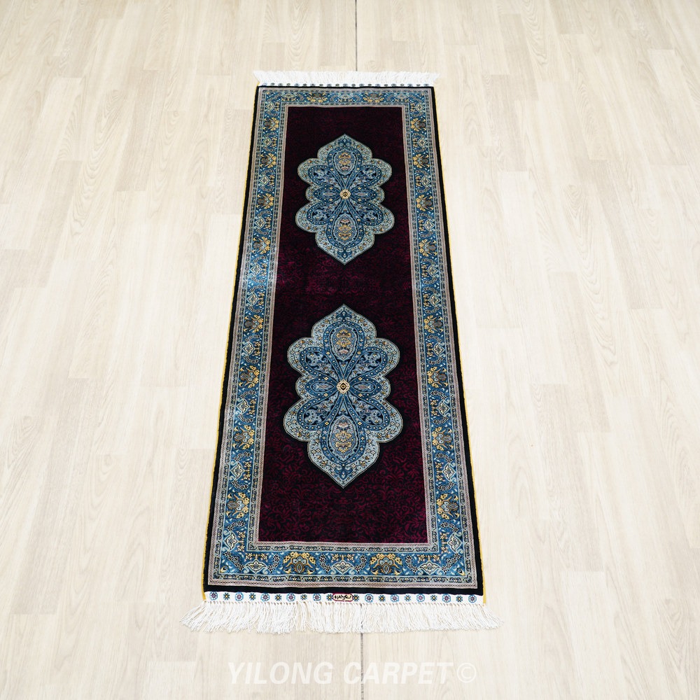 Burgundy, wine and navy blue Hand-Knotted Real Silk Rug 2 × 6 ft | CZN121A | Turkish Style | YILONG - Image 3