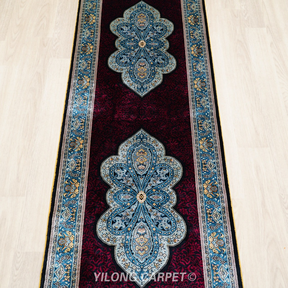 Burgundy, wine and navy blue Hand-Knotted Real Silk Rug 2 × 6 ft | CZN121A | Turkish Style | YILONG - Image 5