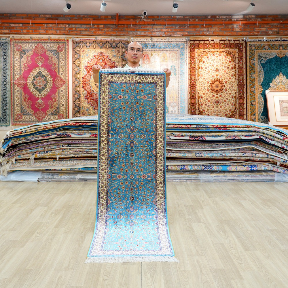 Blue, turquoise and gold Hand-Knotted Real Silk Rug 2 × 6 ft | CZN122A | Turkish Style | YILONG