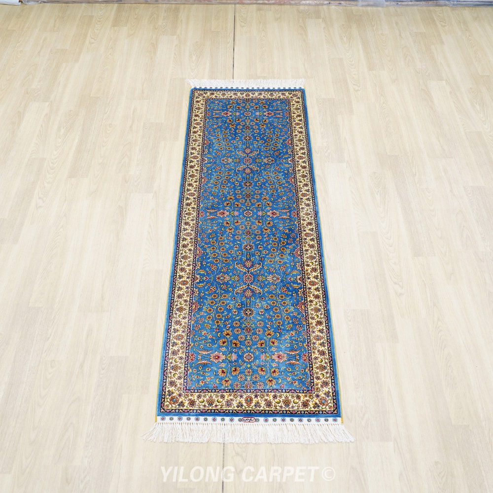 Blue, turquoise and gold Hand-Knotted Real Silk Rug 2 × 6 ft | CZN122A | Turkish Style | YILONG - Image 2