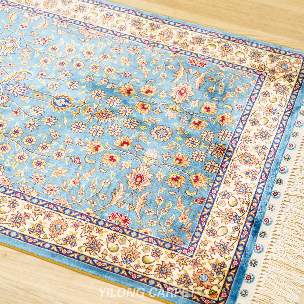Blue, turquoise and gold Hand-Knotted Real Silk Rug 2 × 6 ft | CZN122A | Turkish Style | YILONG - Image 5