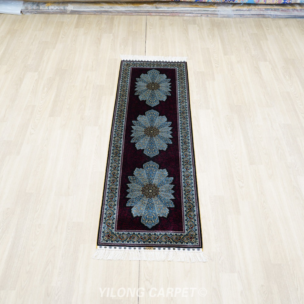 Burgundy, dark brown and cream Hand-Knotted Real Silk Rug 2 × 6 ft | CZN123A | Turkish Style | YILONG - Image 2