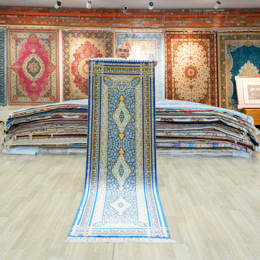 Teal, turquoise and gold Hand-Knotted Real Silk Rug 2.5 × 8 ft | CZN124A | Turkish Style | YILONG