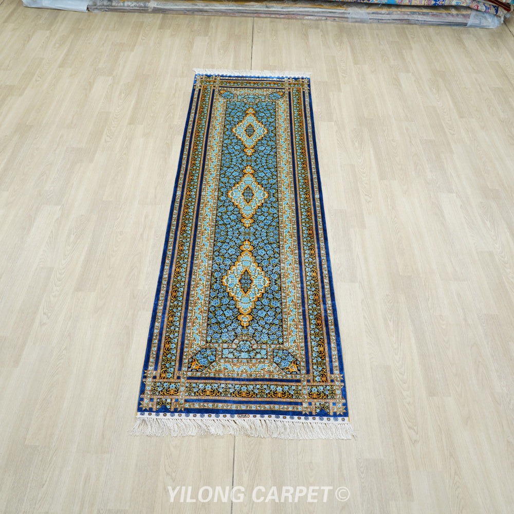Teal, turquoise and gold Hand-Knotted Real Silk Rug 2.5 × 8 ft | CZN124A | Turkish Style | YILONG - Image 2