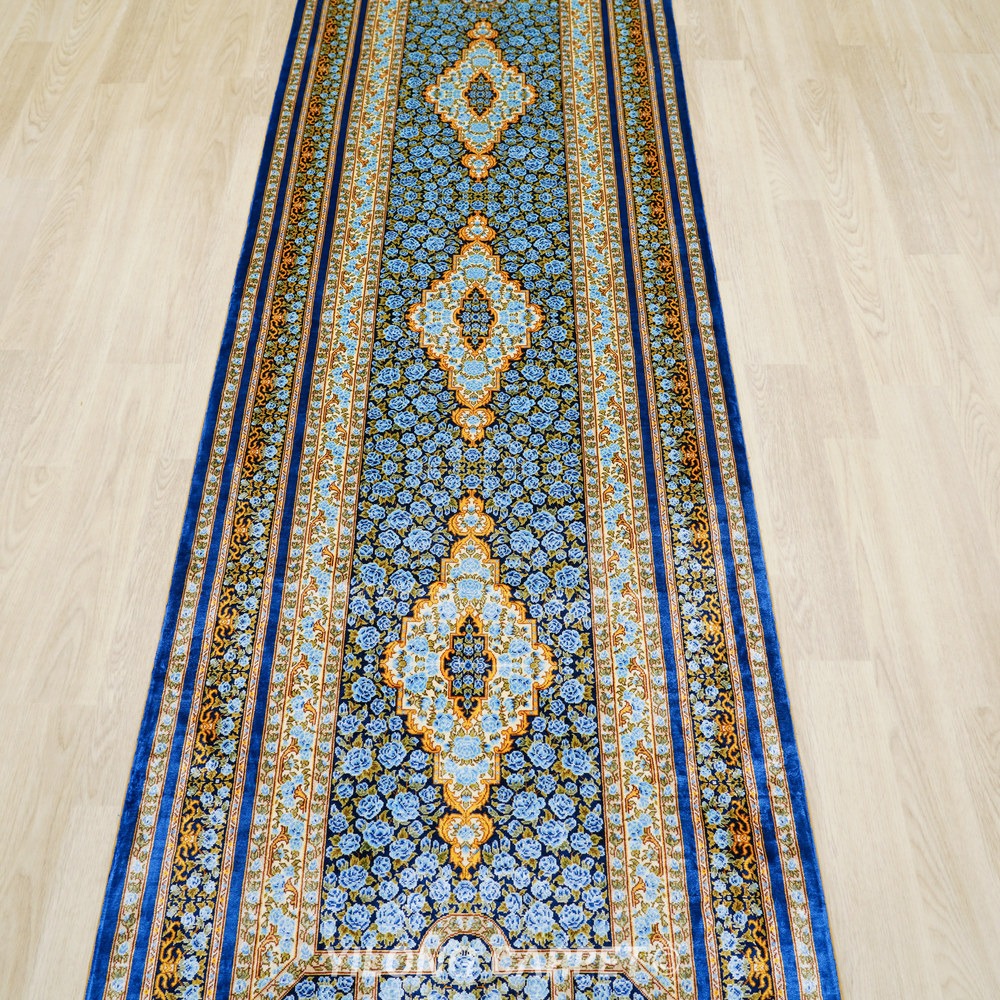 Teal, turquoise and gold Hand-Knotted Real Silk Rug 2.5 × 8 ft | CZN124A | Turkish Style | YILONG - Image 4
