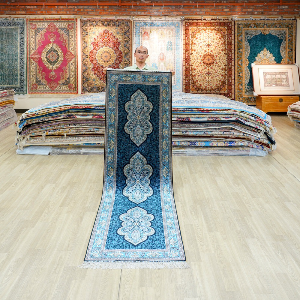 Blue, teal and cream Hand-Knotted Real Silk Rug 2.5 × 8 ft | CZN125A | Turkish Style | YILONG