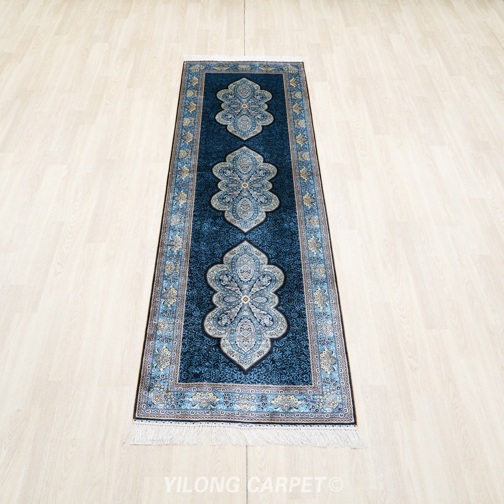 Blue, teal and cream Hand-Knotted Real Silk Rug 2.5 × 8 ft | CZN125A | Turkish Style | YILONG - Image 2