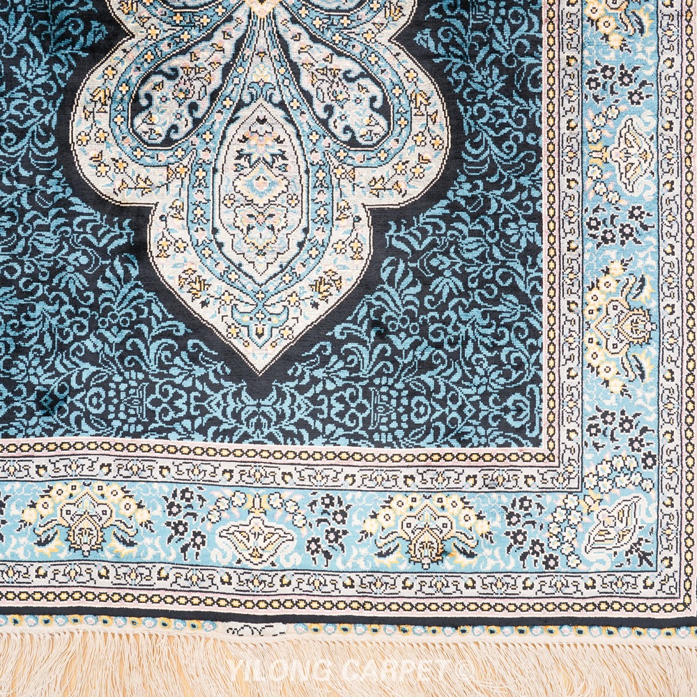 Blue, teal and cream Hand-Knotted Real Silk Rug 2.5 × 8 ft | CZN125A | Turkish Style | YILONG - Image 3