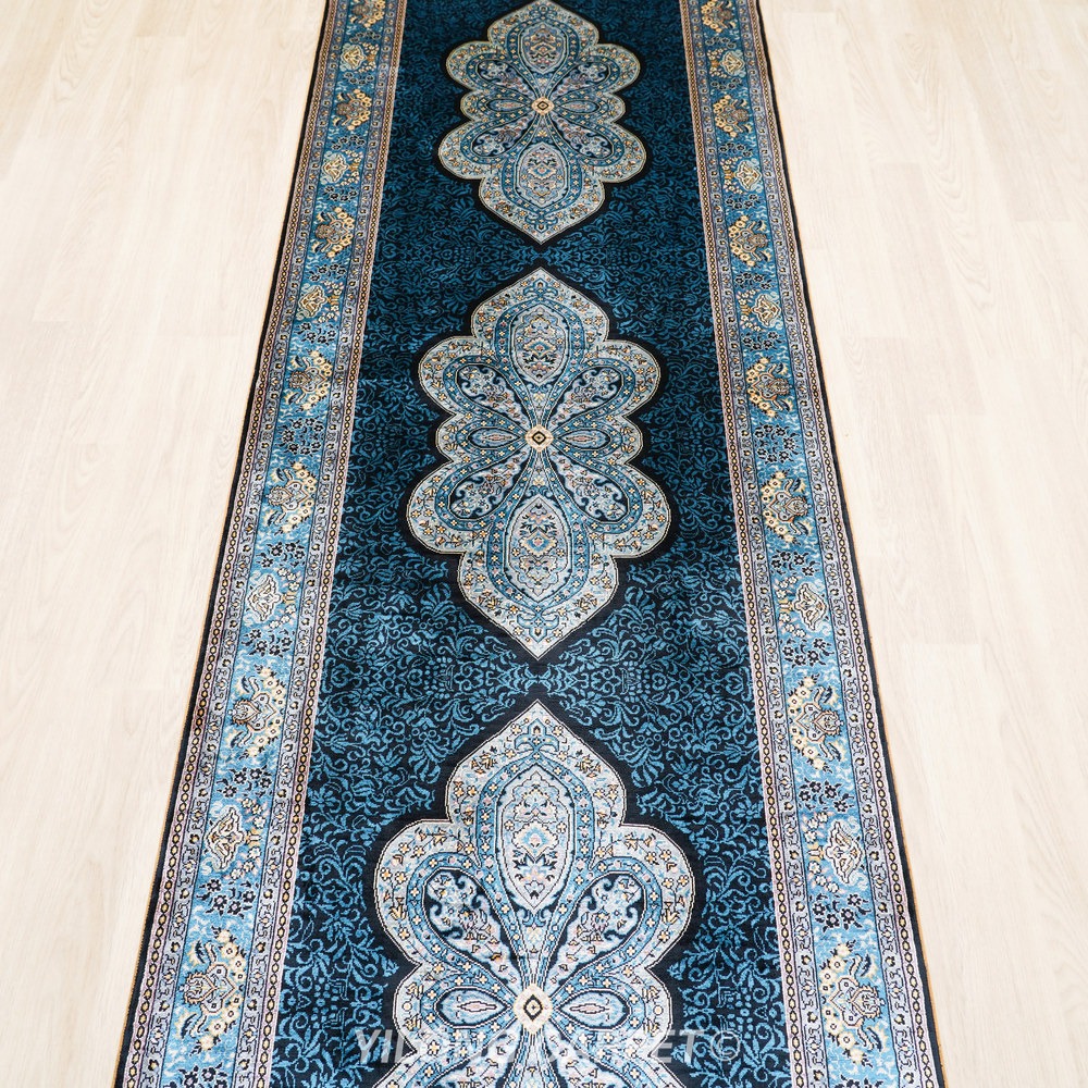 Blue, teal and cream Hand-Knotted Real Silk Rug 2.5 × 8 ft | CZN125A | Turkish Style | YILONG - Image 4