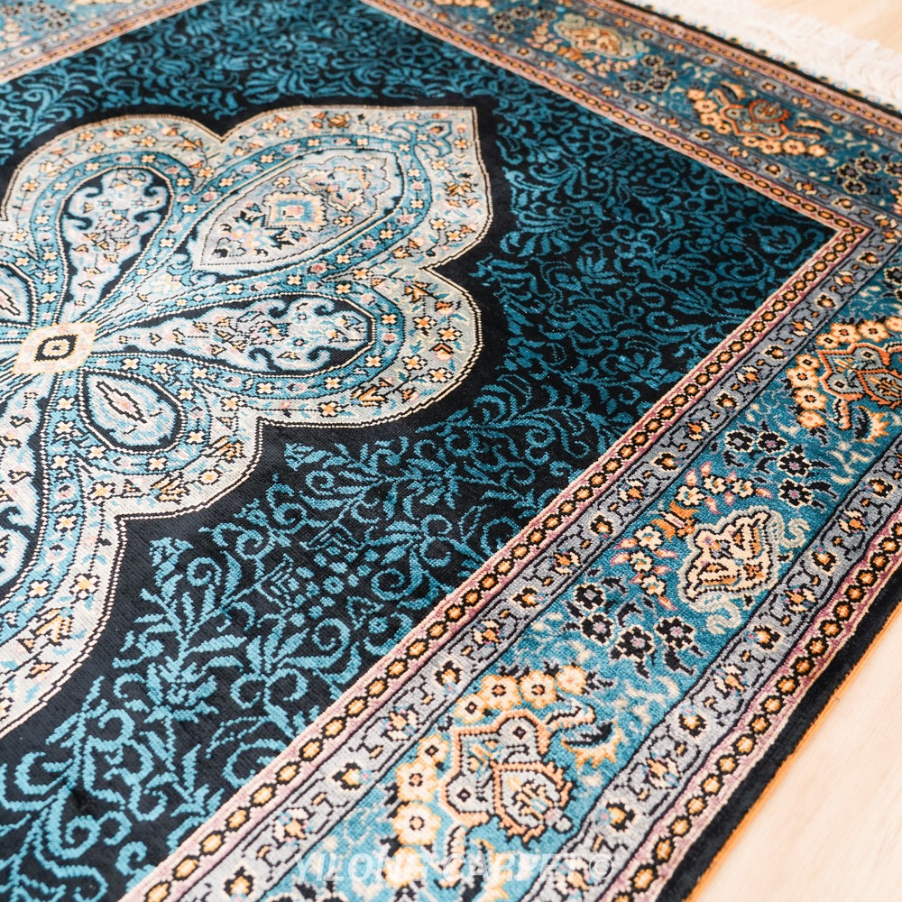Blue, teal and cream Hand-Knotted Real Silk Rug 2.5 × 8 ft | CZN125A | Turkish Style | YILONG - Image 5