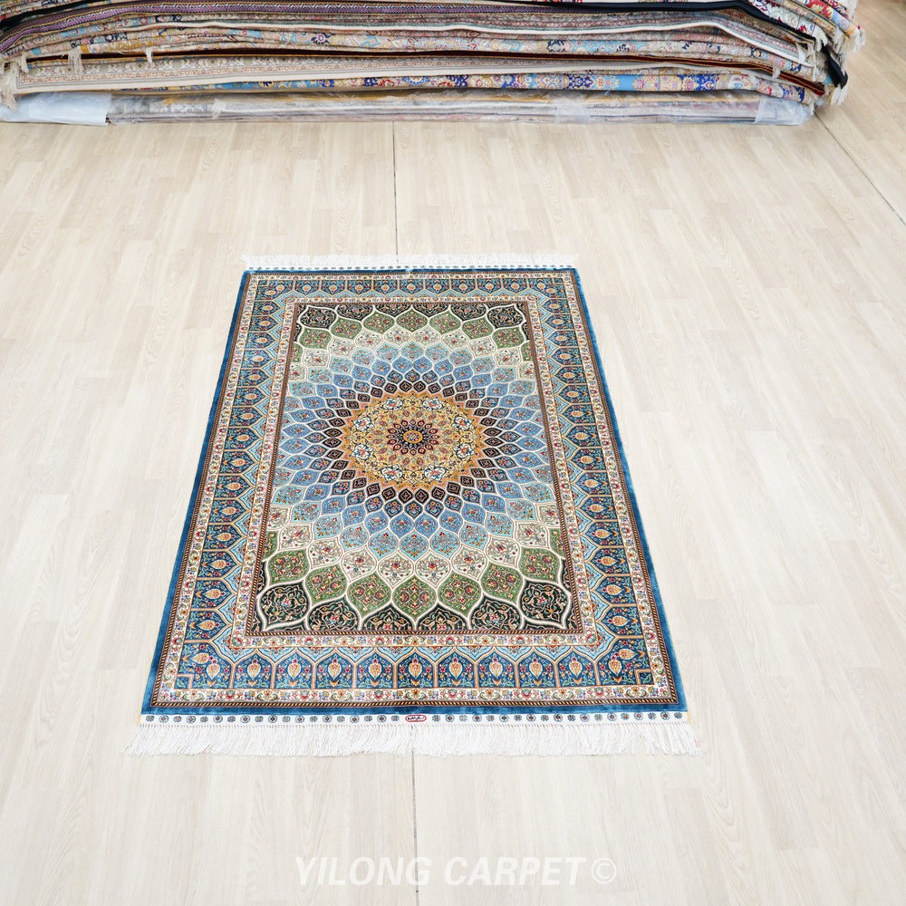 Blue, beige and gold Hand-Knotted Real Silk Rug 4 × 6 ft | CZN126A | Turkish Style | YILONG - Image 2