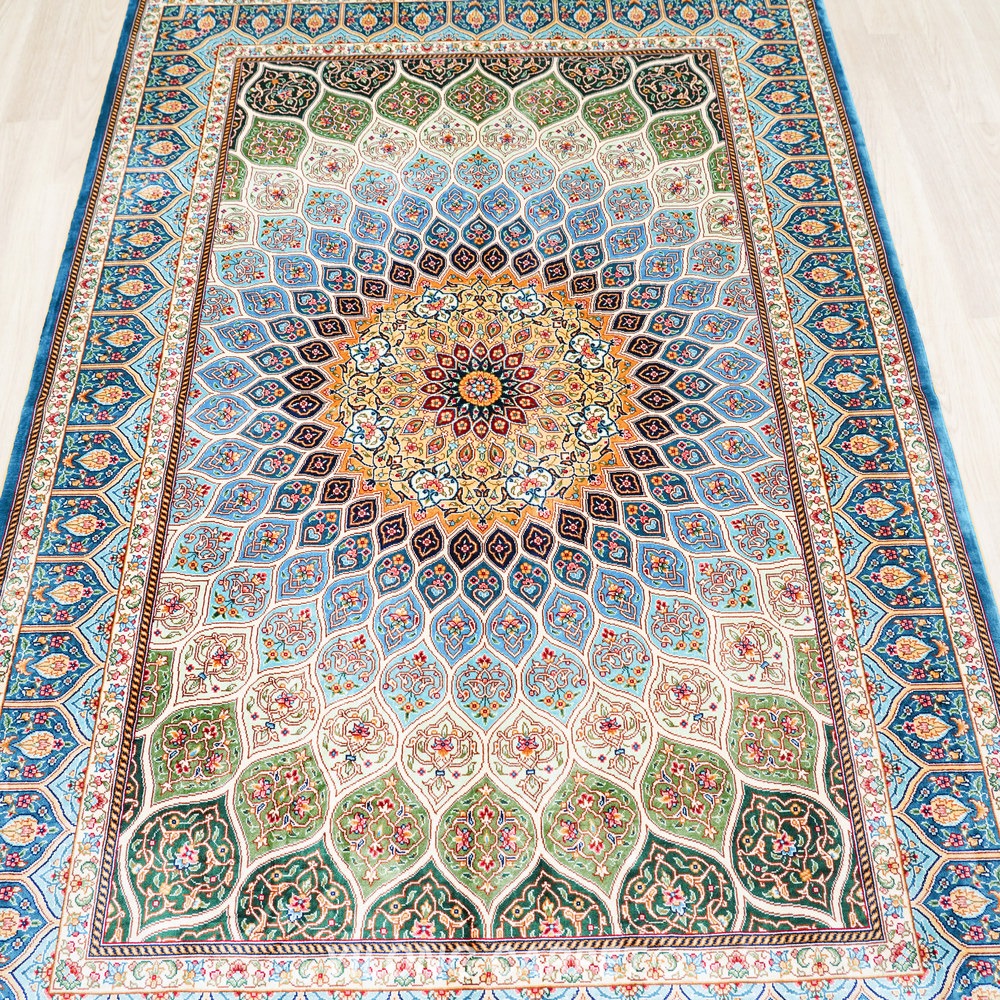 Blue, beige and gold Hand-Knotted Real Silk Rug 4 × 6 ft | CZN126A | Turkish Style | YILONG - Image 4