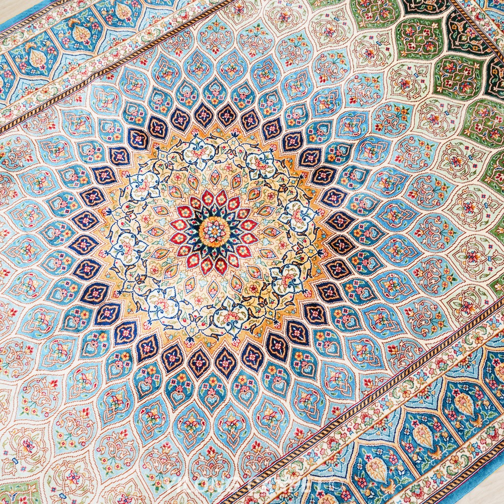 Blue, beige and gold Hand-Knotted Real Silk Rug 4 × 6 ft | CZN126A | Turkish Style | YILONG - Image 7