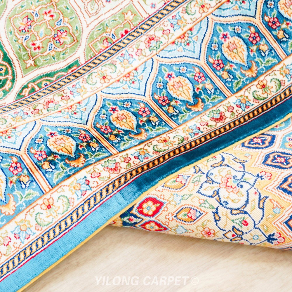Blue, beige and gold Hand-Knotted Real Silk Rug 4 × 6 ft | CZN126A | Turkish Style | YILONG - Image 8