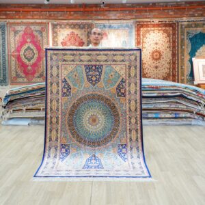 Beige, teal and blue Hand-Knotted Real Silk Rug 4 × 6 ft | CZN127A | Turkish Style | YILONG