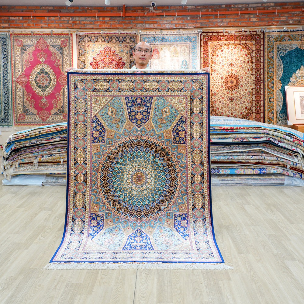 Beige, teal and blue Hand-Knotted Real Silk Rug 4 × 6 ft | CZN127A | Turkish Style | YILONG