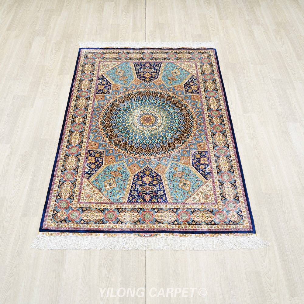 Beige, teal and blue Hand-Knotted Real Silk Rug 4 × 6 ft | CZN127A | Turkish Style | YILONG - Image 2