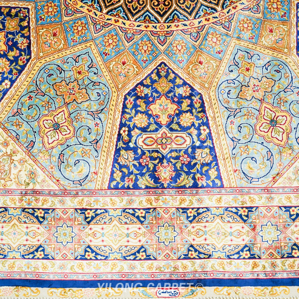 Beige, teal and blue Hand-Knotted Real Silk Rug 4 × 6 ft | CZN127A | Turkish Style | YILONG - Image 3