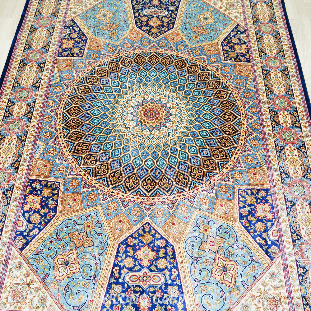 Beige, teal and blue Hand-Knotted Real Silk Rug 4 × 6 ft | CZN127A | Turkish Style | YILONG - Image 4