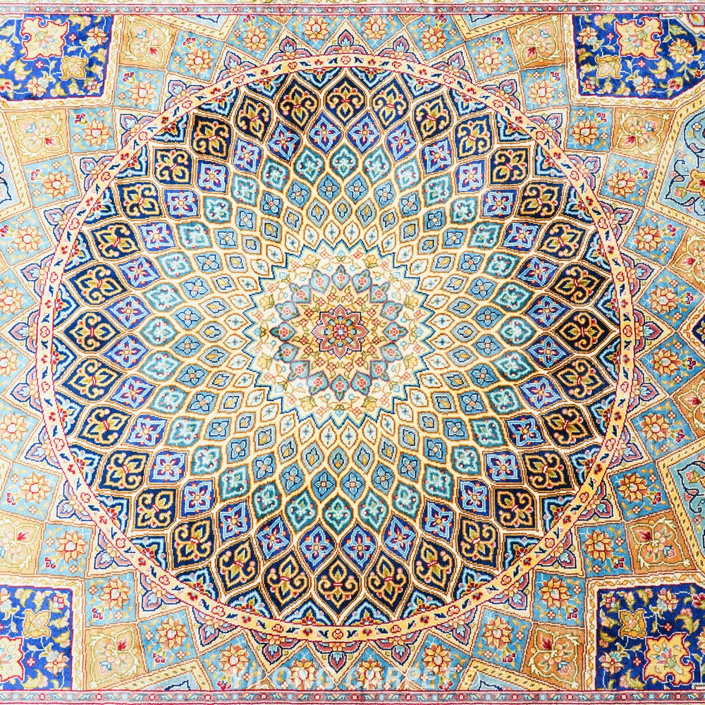 Beige, teal and blue Hand-Knotted Real Silk Rug 4 × 6 ft | CZN127A | Turkish Style | YILONG - Image 5