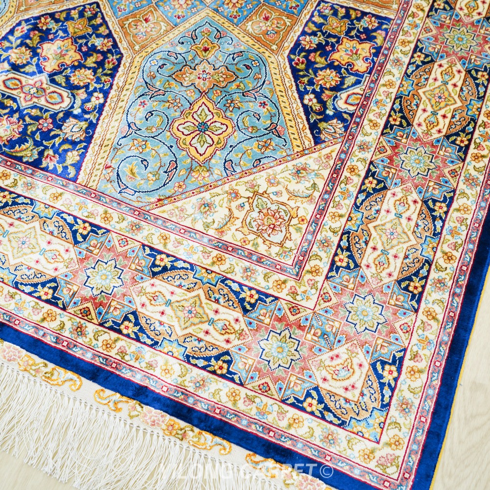 Beige, teal and blue Hand-Knotted Real Silk Rug 4 × 6 ft | CZN127A | Turkish Style | YILONG - Image 6