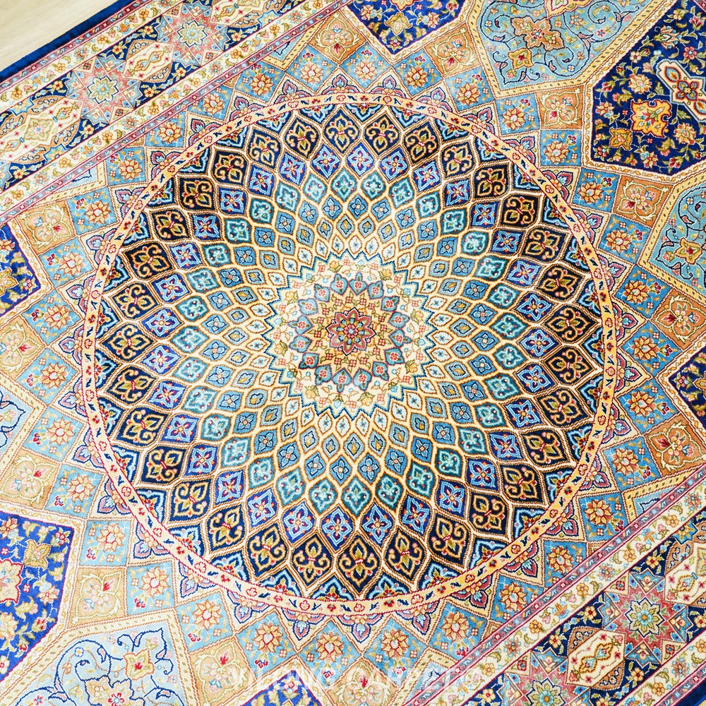 Beige, teal and blue Hand-Knotted Real Silk Rug 4 × 6 ft | CZN127A | Turkish Style | YILONG - Image 7