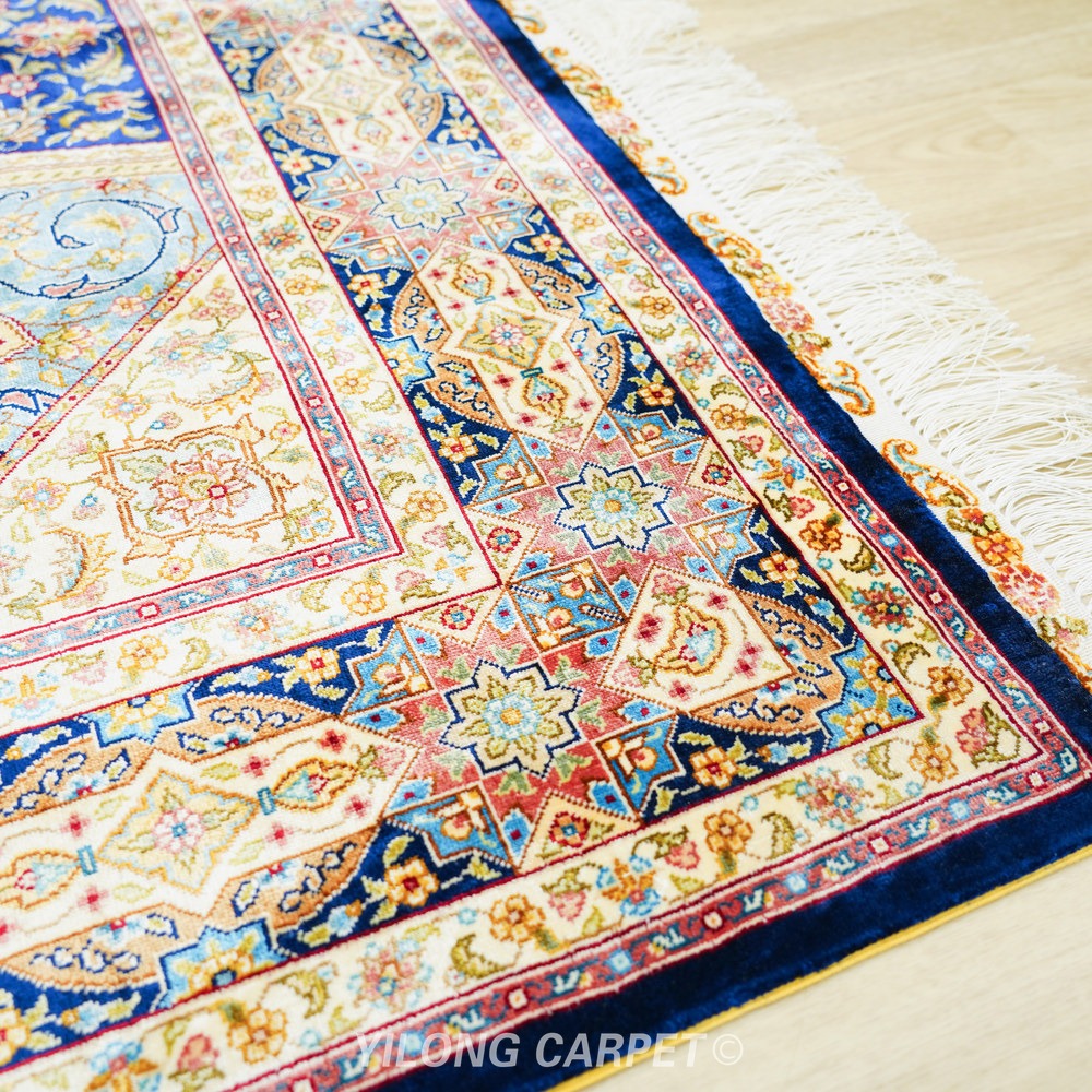 Beige, teal and blue Hand-Knotted Real Silk Rug 4 × 6 ft | CZN127A | Turkish Style | YILONG - Image 8