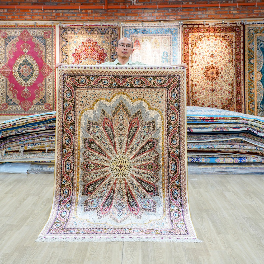Rust red, cream and brown Hand-Knotted Real Silk Rug 4 × 6 ft | CZN128A | Turkish Style | YILONG