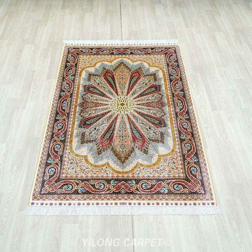 Rust red, cream and brown Hand-Knotted Real Silk Rug 4 × 6 ft | CZN128A | Turkish Style | YILONG - Image 2