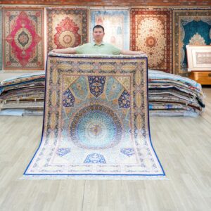 Beige, teal and blue Hand-Knotted Real Silk Rug 5 × 7 ft | CZN130A | Turkish Style | YILONG