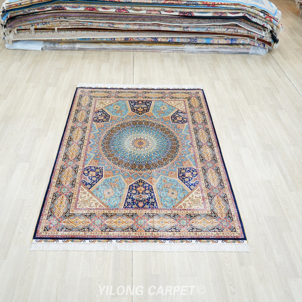 Beige, teal and blue Hand-Knotted Real Silk Rug 5 × 7 ft | CZN130A | Turkish Style | YILONG - Image 2