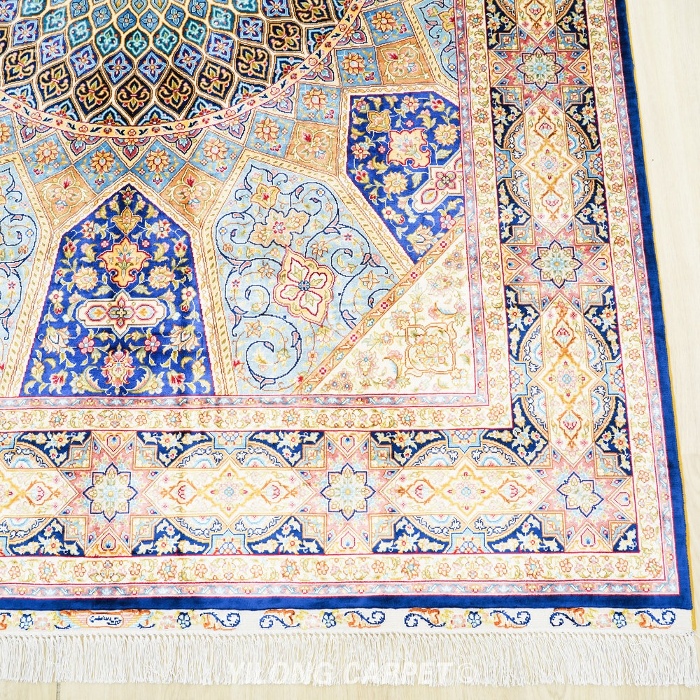 Beige, teal and blue Hand-Knotted Real Silk Rug 5 × 7 ft | CZN130A | Turkish Style | YILONG - Image 3
