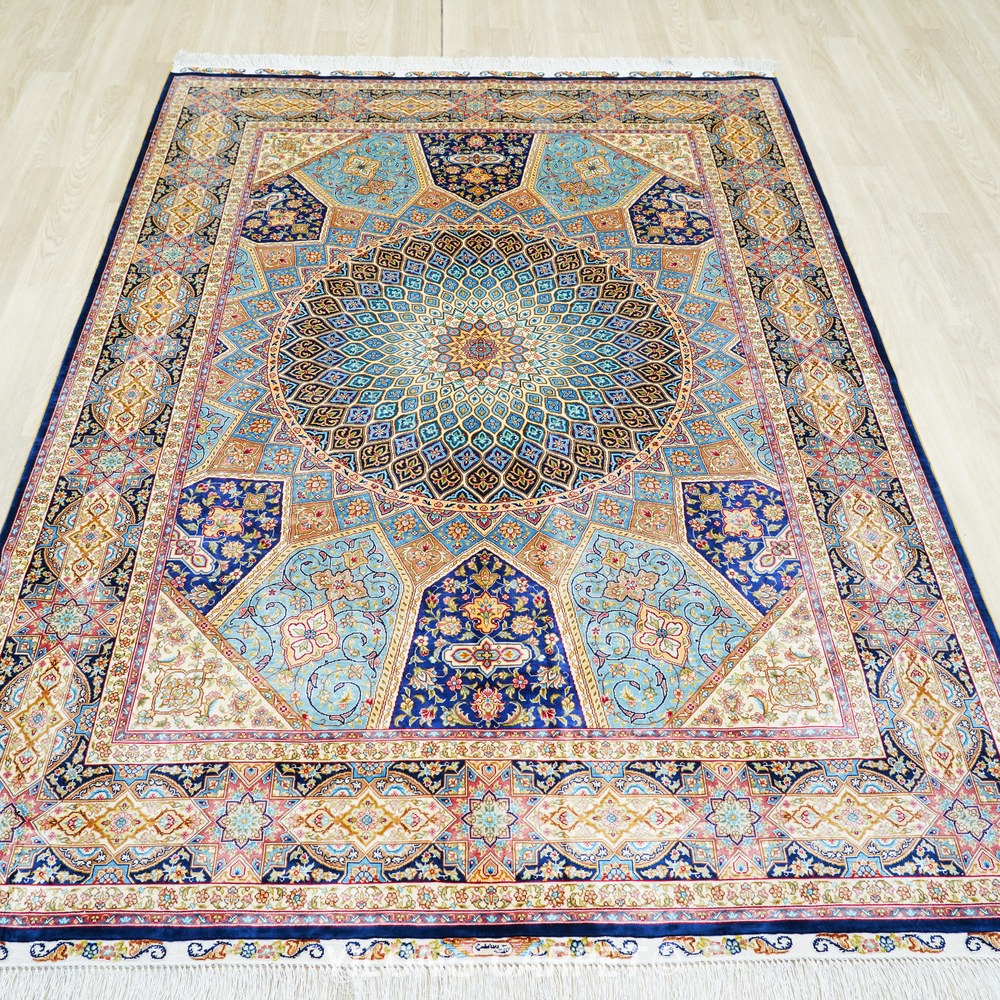 Beige, teal and blue Hand-Knotted Real Silk Rug 5 × 7 ft | CZN130A | Turkish Style | YILONG - Image 4