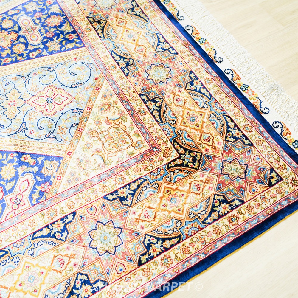 Beige, teal and blue Hand-Knotted Real Silk Rug 5 × 7 ft | CZN130A | Turkish Style | YILONG - Image 5