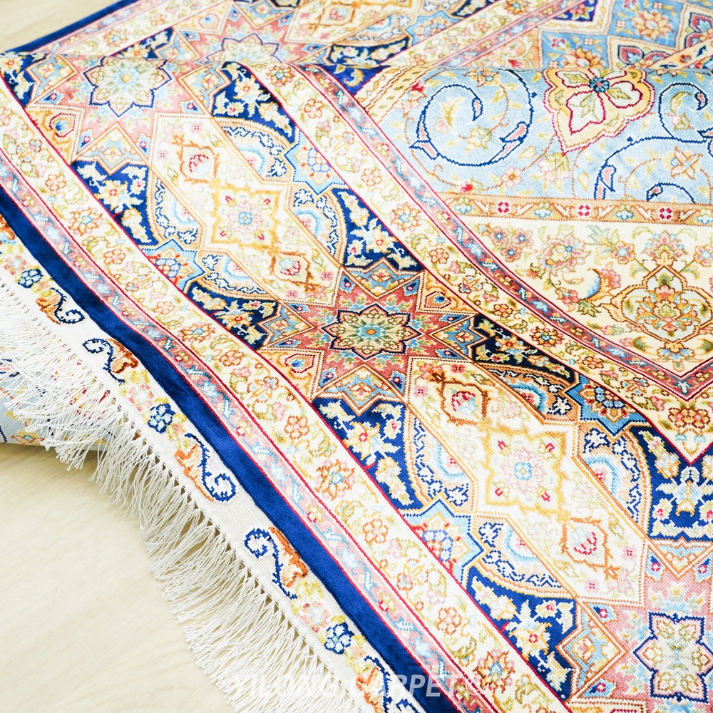 Beige, teal and blue Hand-Knotted Real Silk Rug 5 × 7 ft | CZN130A | Turkish Style | YILONG - Image 8