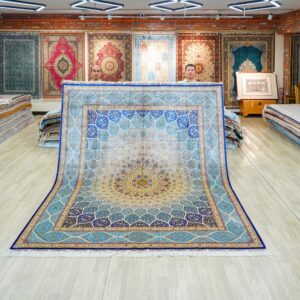 Blue, teal and beige Hand-Knotted Real Silk Rug 8 × 10 ft | CZN132A | Turkish Style | YILONG