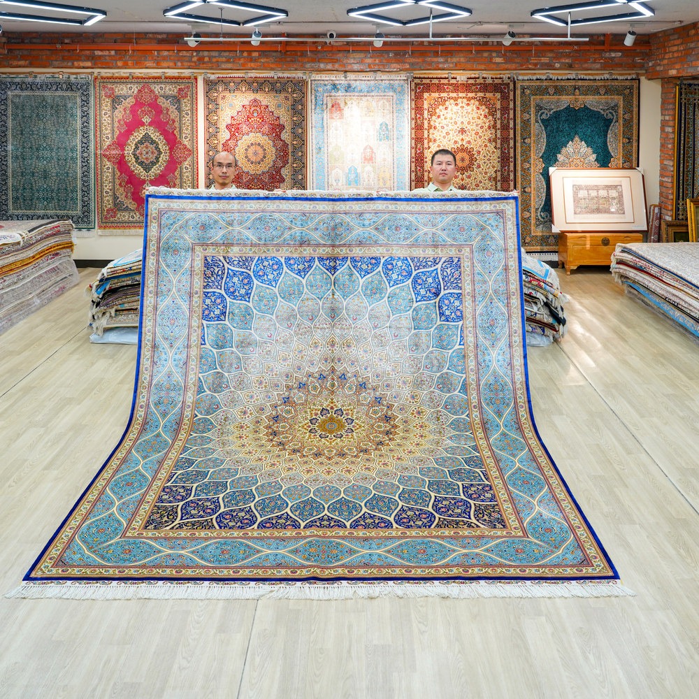 Blue, teal and beige Hand-Knotted Real Silk Rug 8 × 10 ft | CZN132A | Turkish Style | YILONG