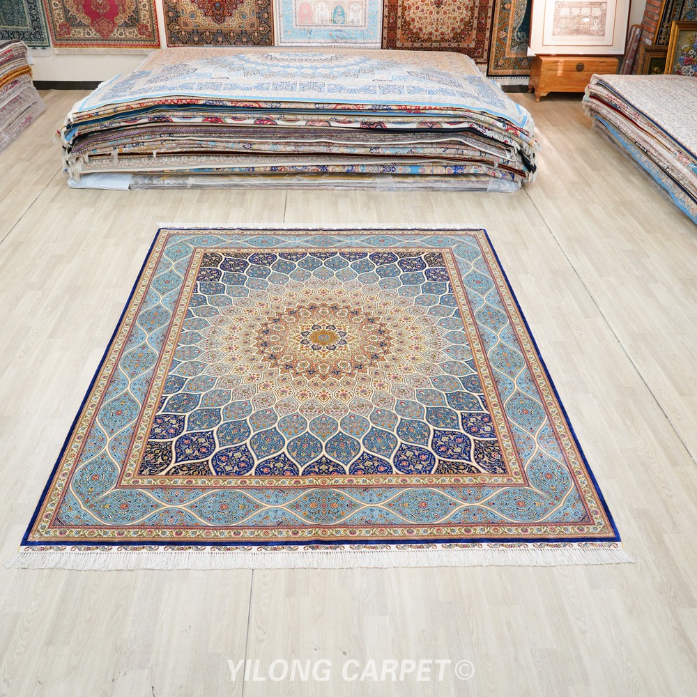 Blue, teal and beige Hand-Knotted Real Silk Rug 8 × 10 ft | CZN132A | Turkish Style | YILONG - Image 2