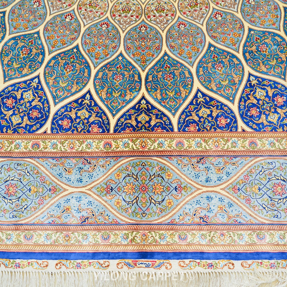 Blue, teal and beige Hand-Knotted Real Silk Rug 8 × 10 ft | CZN132A | Turkish Style | YILONG - Image 3