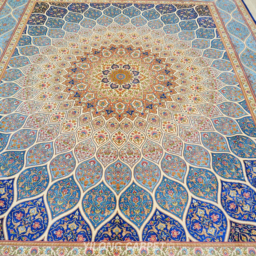 Blue, teal and beige Hand-Knotted Real Silk Rug 8 × 10 ft | CZN132A | Turkish Style | YILONG - Image 4