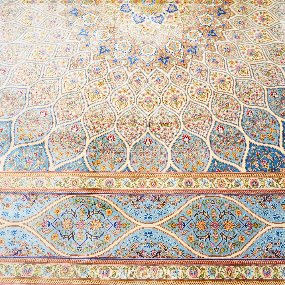 Blue, teal and beige Hand-Knotted Real Silk Rug 8 × 10 ft | CZN132A | Turkish Style | YILONG - Image 5